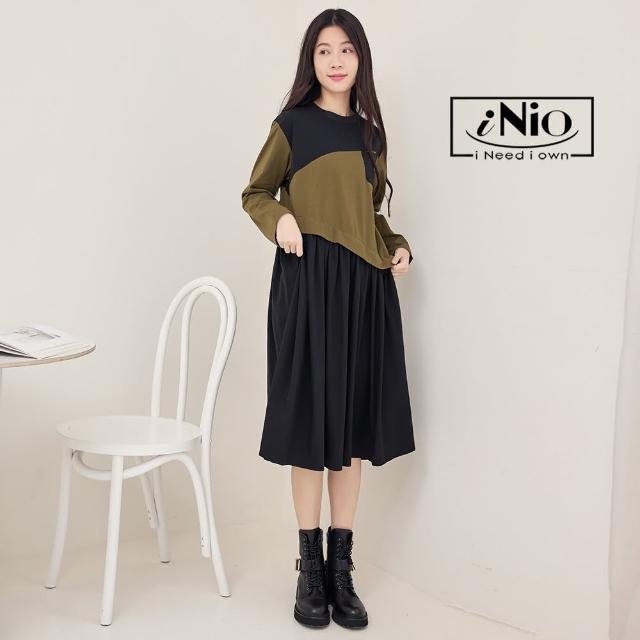 【iNio 衣著美學】洋裝 秋冬新品 現貨 假兩件 撞色拼接 長袖連身裙(CDW3703)