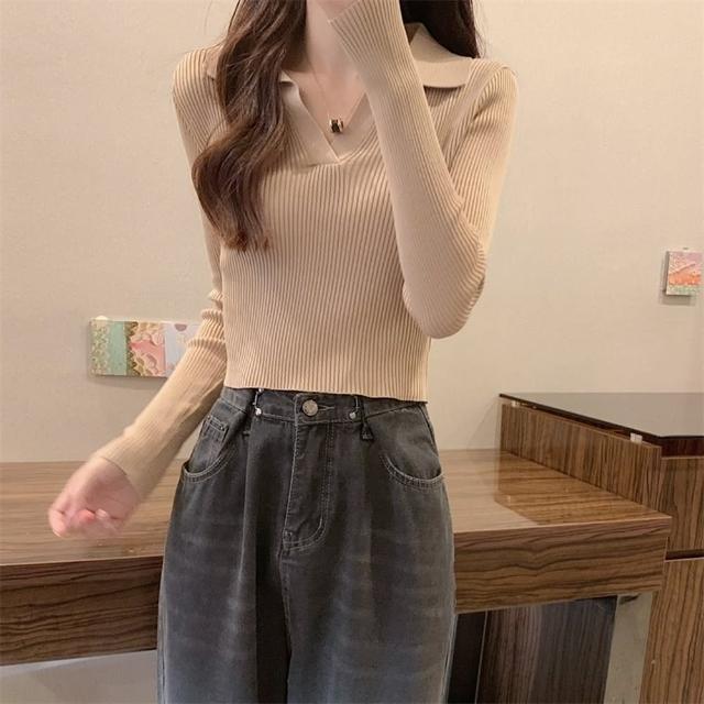 【D.studio】韓版氣質翻領顯瘦短版上衣(短版針織上衣毛衣長袖上衣女裝衣服長袖t恤保暖上衣冬裝 W288)