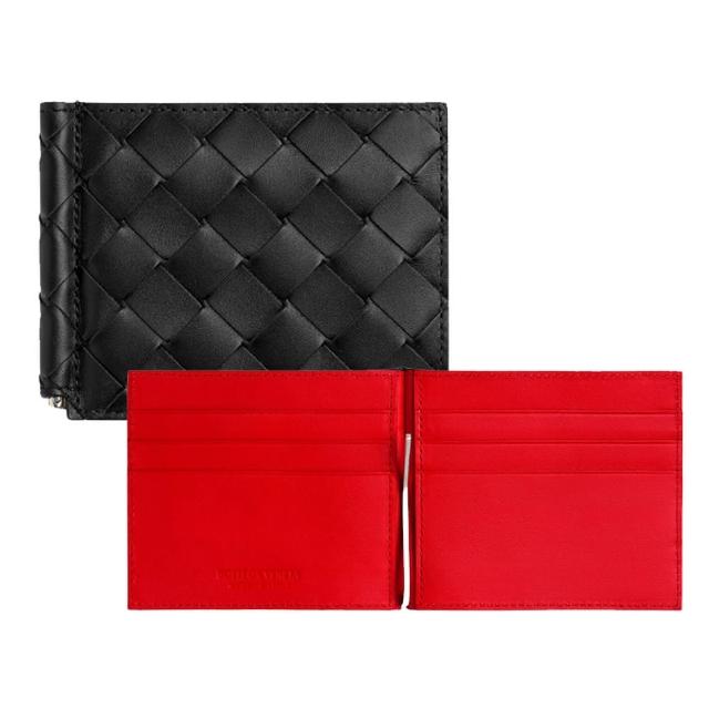 【BOTTEGA VENETA 寶緹嘉】Intrecciato 黑色／黑紅 鈔票夾 編織皮夾 錢包