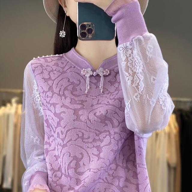 【Very Buy 非常勸敗】預購/新中式蕾絲旗袍領國風精紡羊毛女士套頭立領歐美內搭上衣