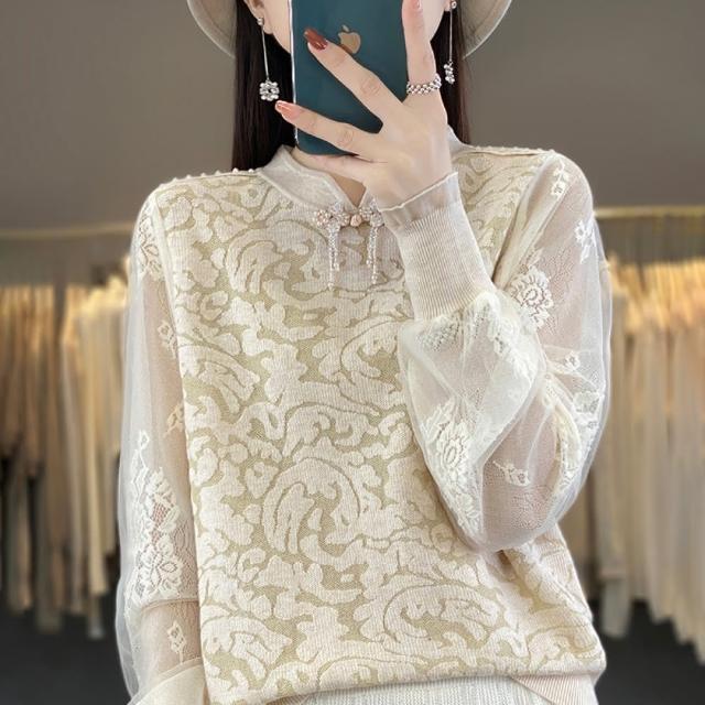 【Very Buy 非常勸敗】預購/新中式蕾絲旗袍領國風精紡羊毛女士套頭立領歐美內搭上衣