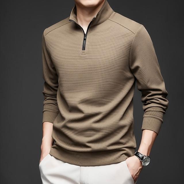 【Billgo】華夫格長袖拉鏈大學T-2款 4色 M-4XL碼 立領男POLO衫 V領秋冬純色無印
