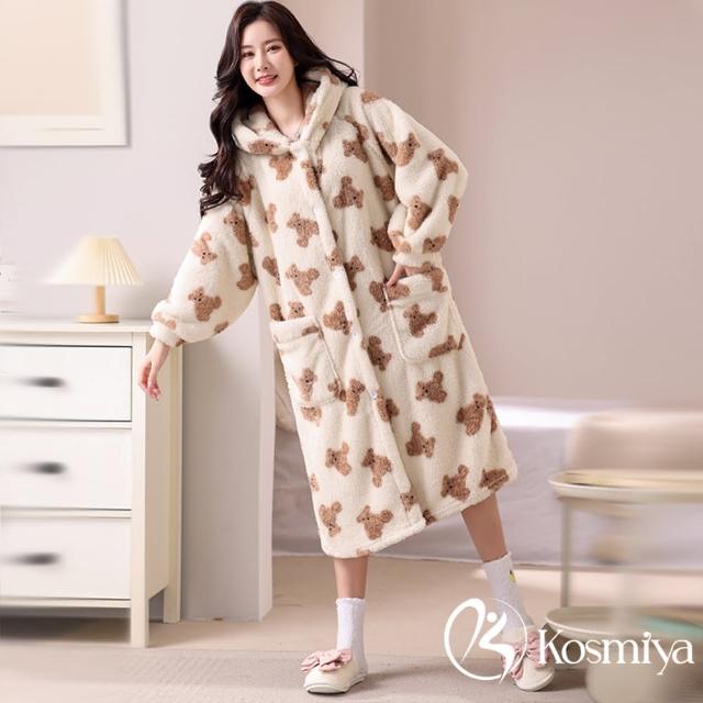 【Kosmiya】1套 多款任選 法蘭絨保暖可愛小熊睡袍/女睡衣/長袖睡衣/連身洋裝/洋裝/保暖睡衣(均碼/加大碼)