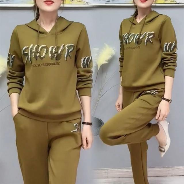 【初色】字母連帽T恤上衣女上衣+純色運動褲休閒褲寬褲長褲套裝-共3色-39636(M-4XL可選)
