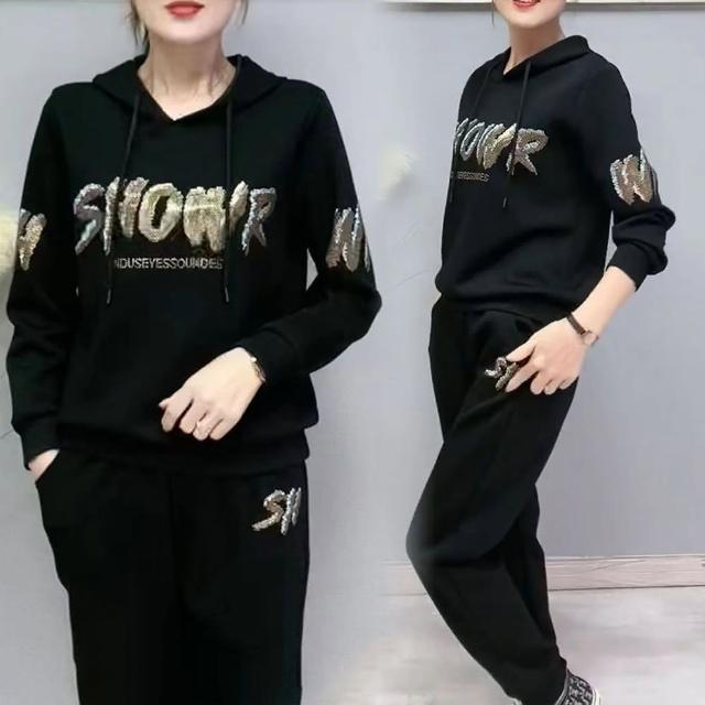 【初色】字母連帽T恤上衣女上衣+純色運動褲休閒褲寬褲長褲套裝-共3色-39636(M-4XL可選)