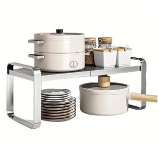 【佳美多】收納架 廚房置物架 免組裝鍋具收納架 304不鏽鋼架 雙層置物架 伸縮架(櫃內分層 38-60cm可伸縮)