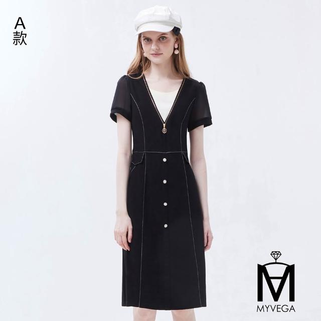 【MYVEGA 麥雪爾】MA彈力假兩件/雪紡荷葉/仿牛仔短洋裝-多款任選(女洋裝/連身洋裝/真兩件洋裝)