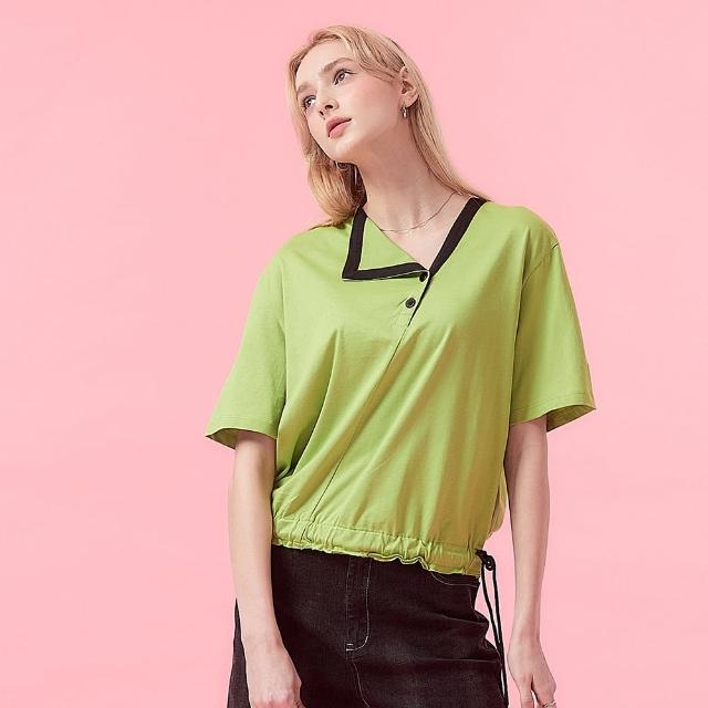 【ICHE 衣哲】Cop.Copine法式撞色滾邊拼接鬆緊抽繩翻領五分袖造型上衣