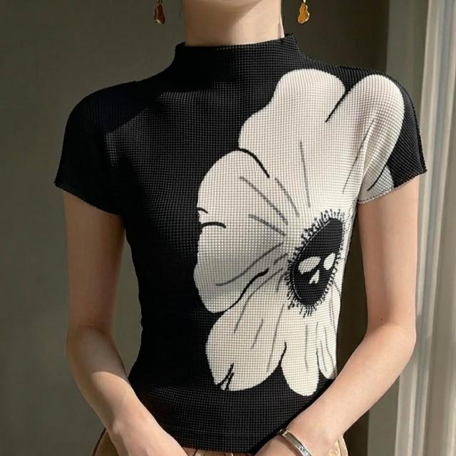 【巴黎精品】三宅風皺褶衣服套裝女上衣長裙高級摺衣彈力女裝顯瘦折衣大碼(T恤印花短袖3色k1ab29)