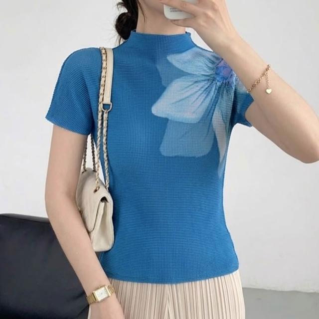 【巴黎精品】三宅風皺褶衣服套裝女上衣長裙高級摺衣彈力女裝顯瘦折衣大碼(T恤印花短袖3色k1ab29)