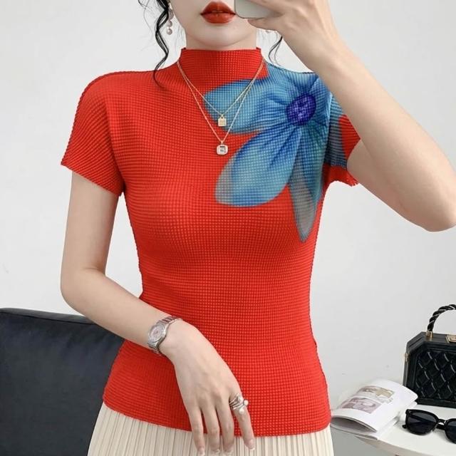 【巴黎精品】三宅風皺褶衣服套裝女上衣長裙高級摺衣彈力女裝顯瘦折衣大碼(T恤印花短袖3色k1ab29)