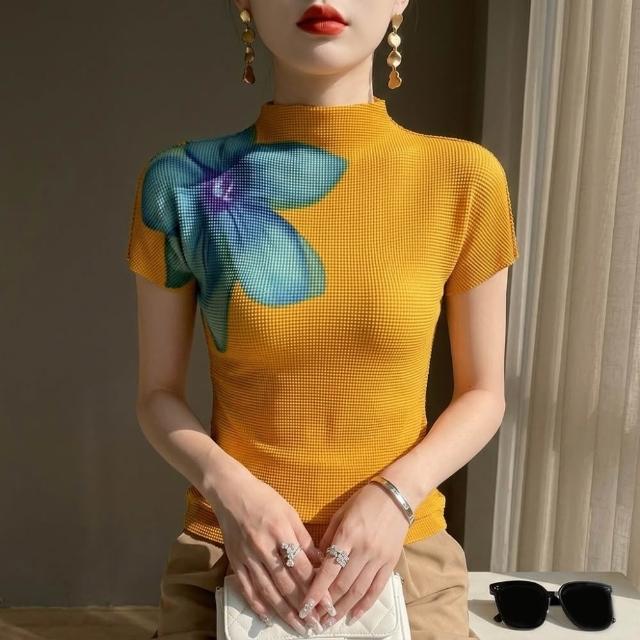 【巴黎精品】三宅風皺褶衣服套裝女上衣長裙高級摺衣彈力女裝顯瘦折衣大碼(T恤印花短袖3色k1ab29)