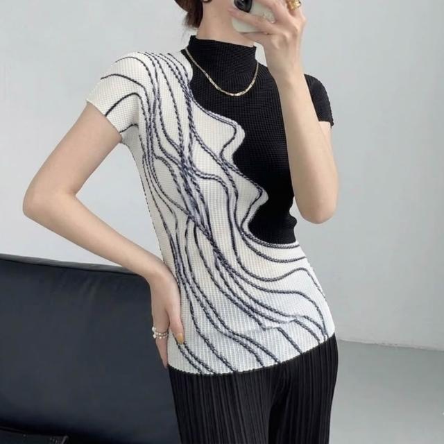 【巴黎精品】三宅風皺褶衣服套裝女上衣長裙高級摺衣彈力女裝顯瘦折衣大碼(T恤印花短袖3色k1ab29)