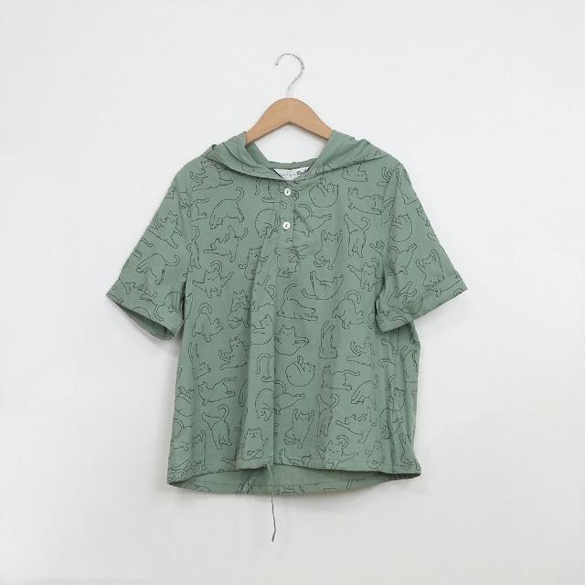 【Dailo】瑜珈貓下襬抽繩短袖連帽衫(藍 白 綠/魅力商品)