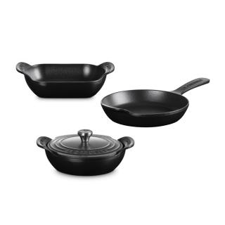 【Le Creuset】 法製Gourmand 專業迷你鑄鐵鍋具3入組(烤盤13cm、煎盤16cm、鐵鍋13cm)