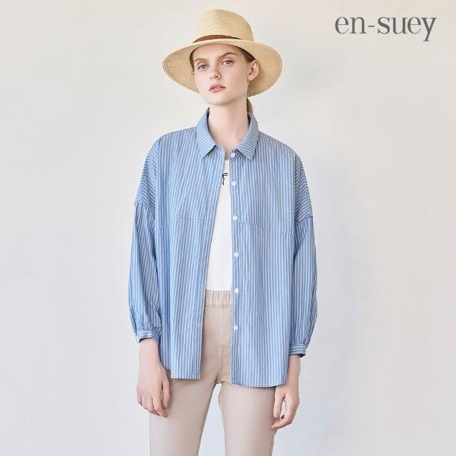 【en-suey 銀穗】網路限定 後開洞條紋剪接活褶拋袖襯衫-女