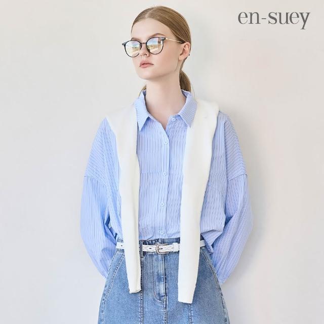 【en-suey 銀穗】後開洞條紋剪接活褶拋袖襯衫-女
