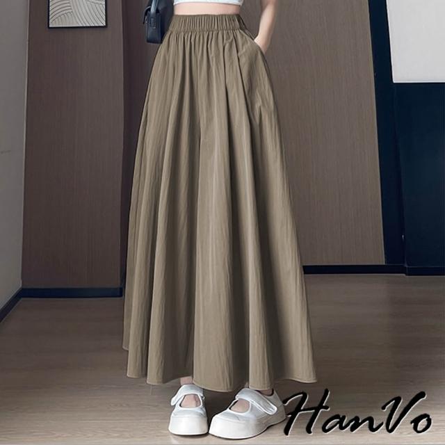 【HanVo】現貨 冰絲涼感闊腿褲裙(垂順遮肉顯瘦 A字長褲 日系寬褲 九分休閒褲 女生長褲 A04-2642)
