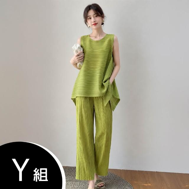 【K.W.】MOMO限定韓國秋新品三宅風壓褶褶皺套裝2件組(設計師/中大尺碼/修身/輕薄/小香風/多款可選)