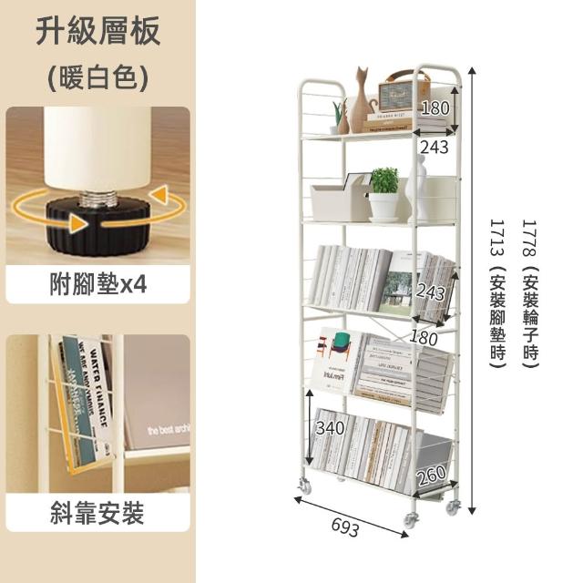 【慢慢家居】升級層板-奶油風超穩固可移動鐵藝五層書架(文件推車 兒童書架 移動書櫃)
