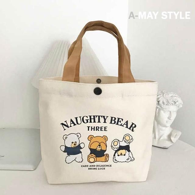【Amay Style 艾美時尚】現貨帆布袋 帆布包 手提包 輕便可愛小熊字母塗鴉帆布提袋(共三款.9色)