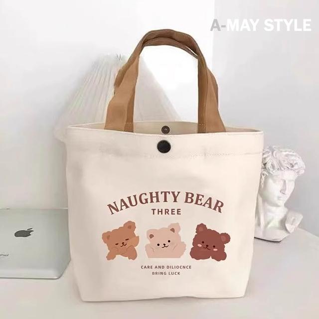 【Amay Style 艾美時尚】現貨帆布袋 帆布包 手提包 輕便可愛小熊字母塗鴉帆布提袋(共三款.9色)