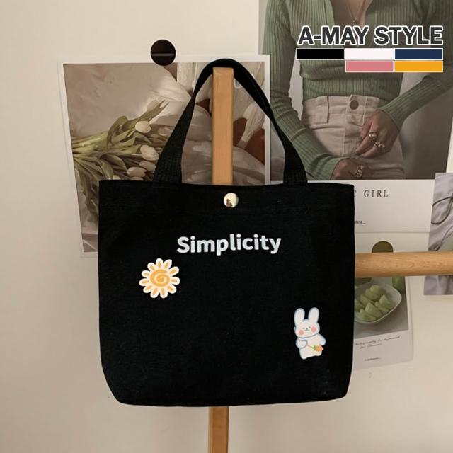 【Amay Style 艾美時尚】現貨帆布袋 帆布包 手提包 輕便可愛小熊字母塗鴉帆布提袋(共三款.9色)