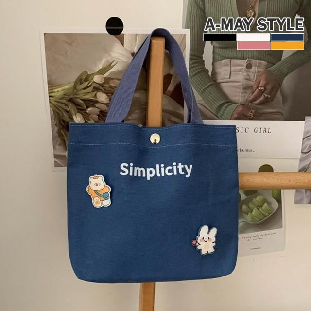 【Amay Style 艾美時尚】現貨帆布袋 帆布包 手提包 輕便可愛小熊字母塗鴉帆布提袋(共三款.9色)