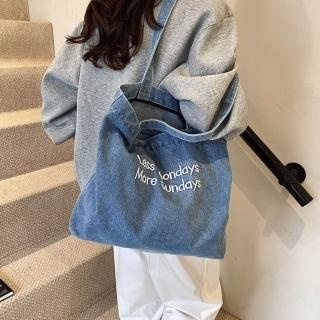 復古美式牛仔刺繡帆布包(手提包 單肩包 提袋 環保袋  上學 通勤 收納包 托特包 休閒