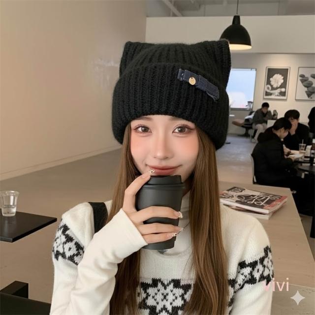 【HaNA 梨花】買一送一贈圍脖 MEOW~可愛貓耳牛仔蝴蝶結毛線帽(毛帽 秋冬百搭 貓耳)