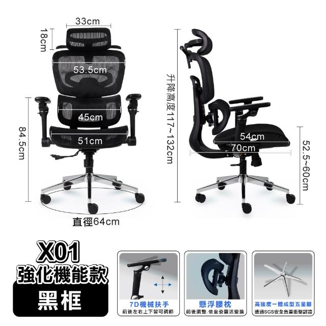 ONE HOUSE】格拉斯人體工學7D機械手懸浮護腰辦公椅-X01強化機能款(電腦