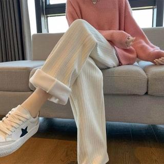 【D.studio】韓版內刷毛寬鬆垂感直筒寬褲(褲子長褲休閒褲女裝高腰褲冬天女裝黑褲發熱褲保暖褲P302)