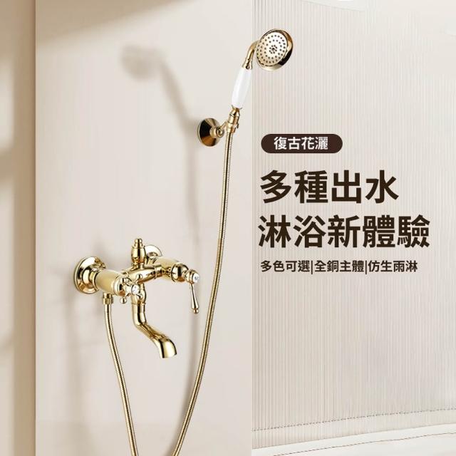 【恆麗衛浴】復古淋浴花灑套裝 黃銅花灑 兩檔出水淋浴器 冷熱花灑套裝(可升降可旋轉 全銅主體 陶瓷閥芯)
