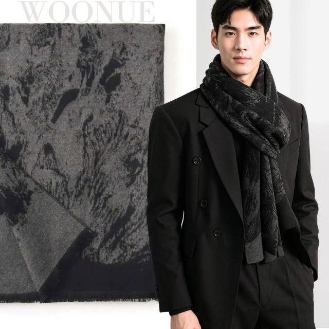 【WOONUE】韓系寬長版專櫃男士時尚羊毛絨混紡質感保暖披肩圍巾圍脖黑灰(男友老公父親爸爸生日情人節禮物)