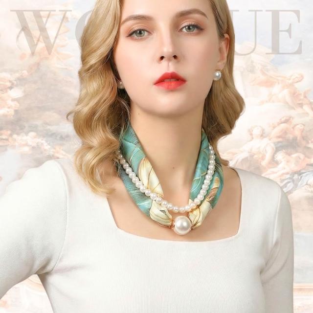 【WOONUE】買一送一高級磁扣絲巾項鍊珍珠樣式項鍊絲綢質感圍巾絲巾(送禮母親老婆媽媽女友閨蜜聖誕禮物)