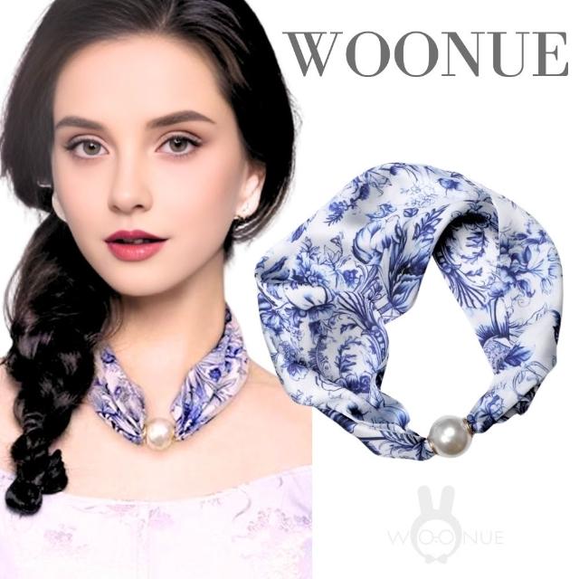 【WOONUE】買一送一高級磁扣絲巾項鍊珍珠樣式項鍊絲綢質感圍巾絲巾(送禮母親老婆媽媽女友閨蜜聖誕禮物)