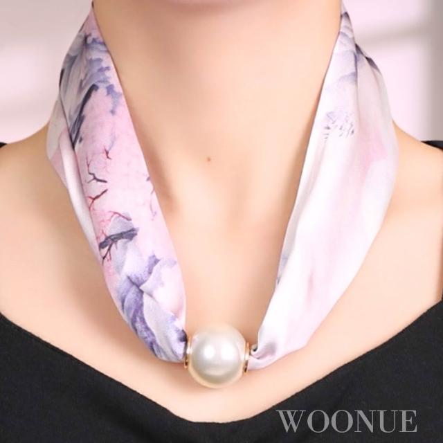 【WOONUE】買一送一高級磁扣絲巾項鍊珍珠樣式項鍊絲綢質感圍巾絲巾(送禮母親老婆媽媽女友閨蜜聖誕禮物)