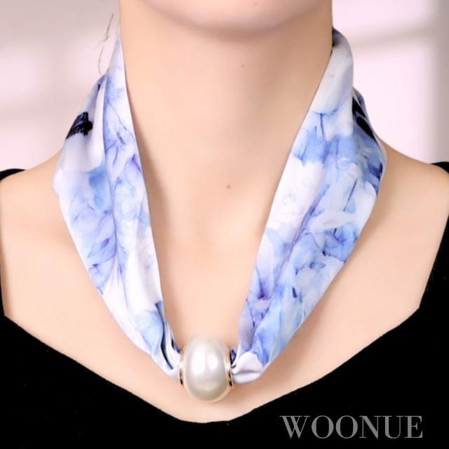 【WOONUE】買一送一高級磁扣絲巾項鍊珍珠樣式項鍊絲綢質感圍巾絲巾(送禮母親老婆媽媽女友閨蜜聖誕禮物)