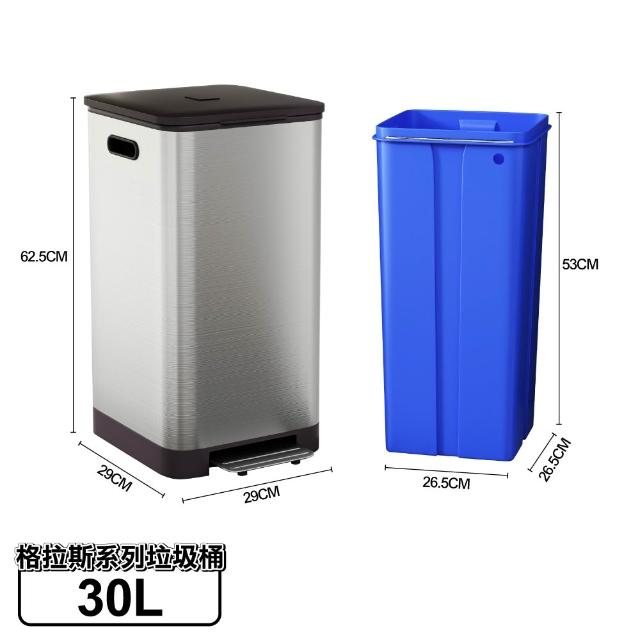 【ONE HOUSE】30L 格拉斯高質感靜音緩降不鏽鋼垃圾桶(踩踏垃圾桶/緩降垃圾桶)
