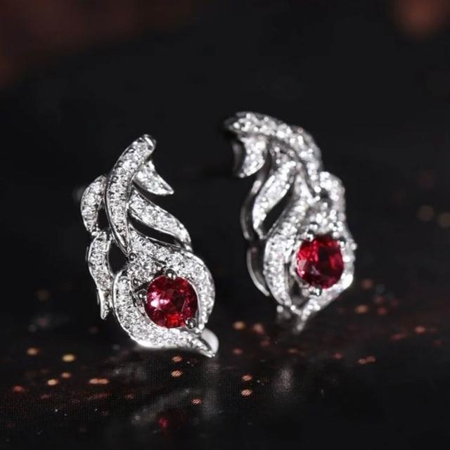 【海斯珠寶】小羽毛系列 18K金 0.29-0.33ct 鴿血紅寶石 天然鑽石 耳環 宮廷羽紋鑲嵌工藝 送禮禮盒包裝