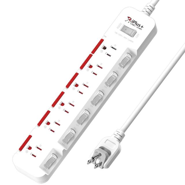 【iPlus+ 保護傘】7開6插3P防塵抗雷擊旋轉插頭延長線1.2M(PU-3767S 斜面開關.台灣製.防火)