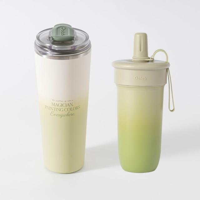 【Oolab 良杯製所】相近色超會搭組 不鏽鋼鈦陶瓷易潔層隨行杯800ml+豆沙吸管杯800ml