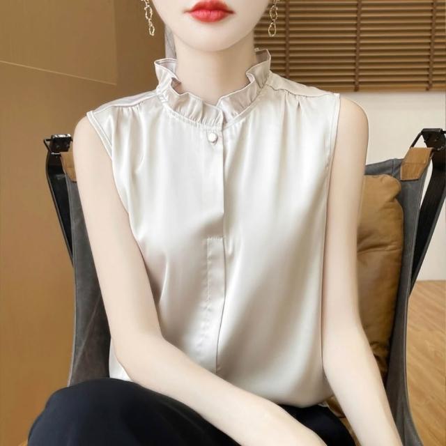 【巴黎精品】現貨出清 頂級法式絲質上衣緞面背心名媛絲綢冰絲襯衫天絲無袖女T恤(純色3款a1iz25)S