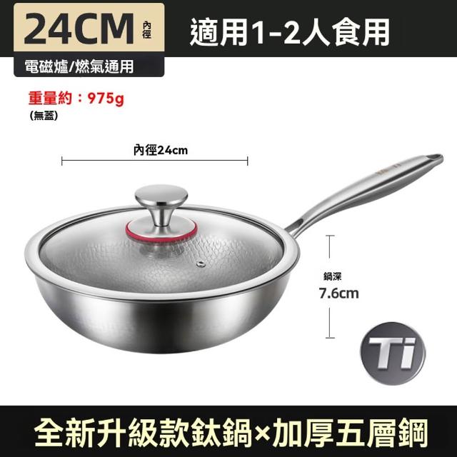 不沾鍋 德國純鈦鍋 無塗層炒鍋 24/26/28（加厚多層複合底 可用鐵鏟 燃氣竈電磁爐通用）