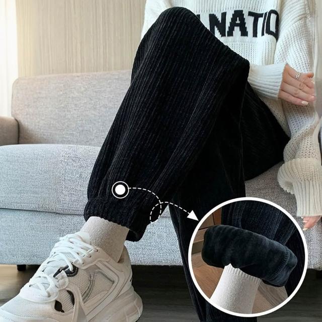 【D.studio】韓版內刷毛加厚運動寬鬆高腰寬褲 長褲 休閒褲 女裝 高腰褲 直筒褲 黑褲 發熱褲 保暖褲P302