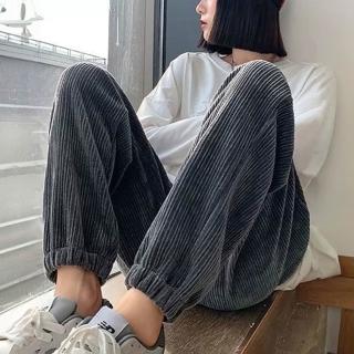 【D.studio】韓版加絨加厚高腰束腳寬褲 褲子 休閒褲 高腰褲 直筒褲 黑褲 發熱褲 保暖褲 秋冬女裝P302