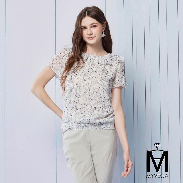 【MYVEGA 麥雪爾】MA法式優雅荷葉領印花燒花雪紡上衣-共三色(女上衣/短袖上衣/雪紡衣)
