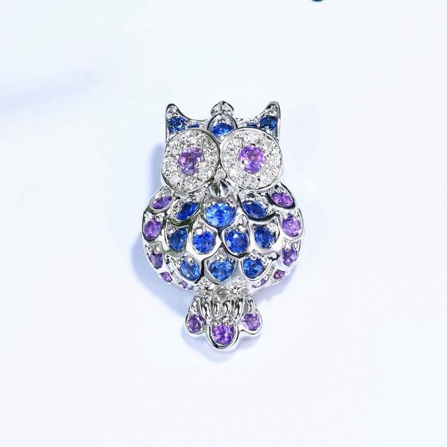 海斯珠寶 20分天然藍寶石 紫水晶 18K金鑽石吊墜 貓頭鷹造型 輕奢款 復古優雅設計 珠寶級密鑲工藝