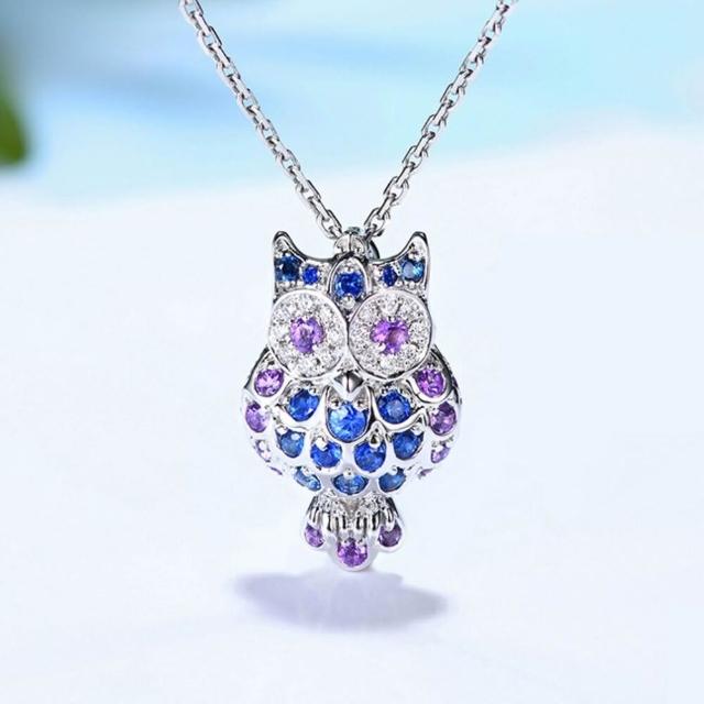 海斯珠寶 20分天然藍寶石 紫水晶 18K金鑽石項鍊 貓頭鷹造型 鎖骨鏈 復古優雅設計 珠寶級密鑲工藝