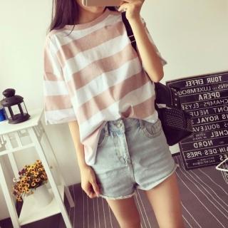 【Uicy】韓版新款夏季糖果色條紋短袖T恤 衣服 女裝 t恤 短袖t T102